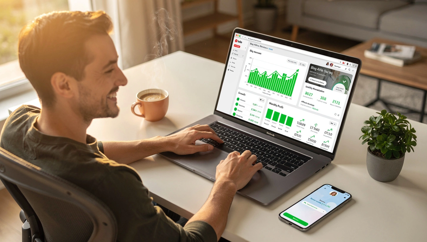 Profissional sorridente trabalhando em home office moderno com laptop mostrando dashboard de lucros online crescentes, gráficos em verde indicando receita de blogs, YouTube e marketing de afiliados em 2026